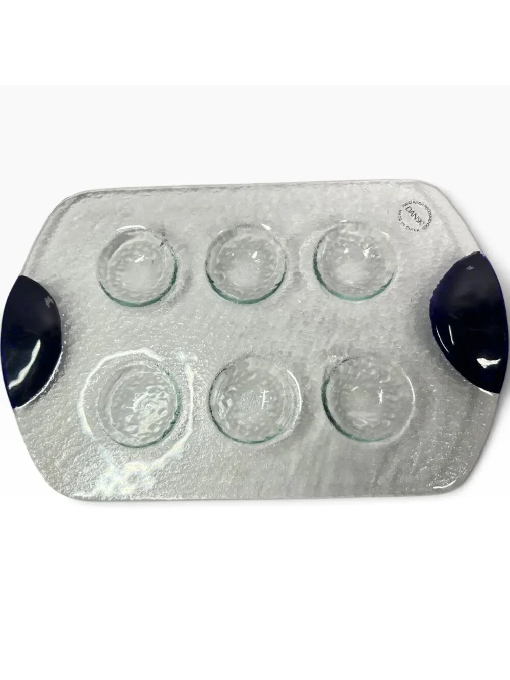 Dansk Glass Escargot Deviled Egg Platter Tray Dark Blue Handles Textured Clear